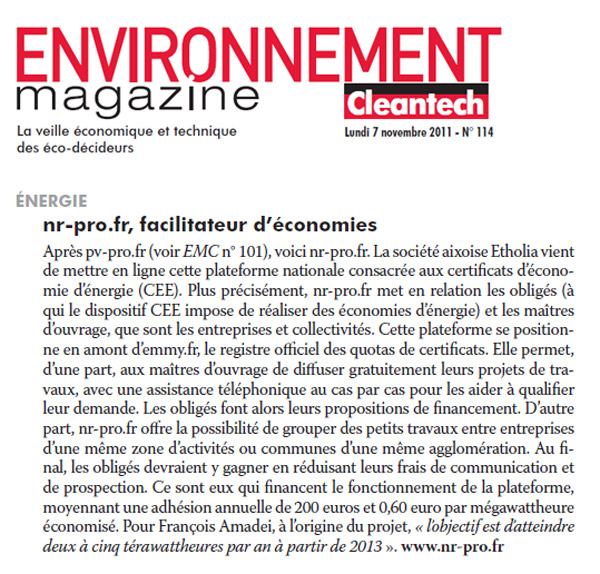 Environnement Magazine Cleantech (novembre 2011)